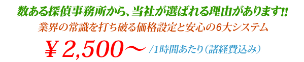 数ある探偵事務所から、当社が選ばれる理由があります。！！業界の常識を打ち破る価格設定と安心の6大システム。\2,500円～1時間あたり（諸経費込）